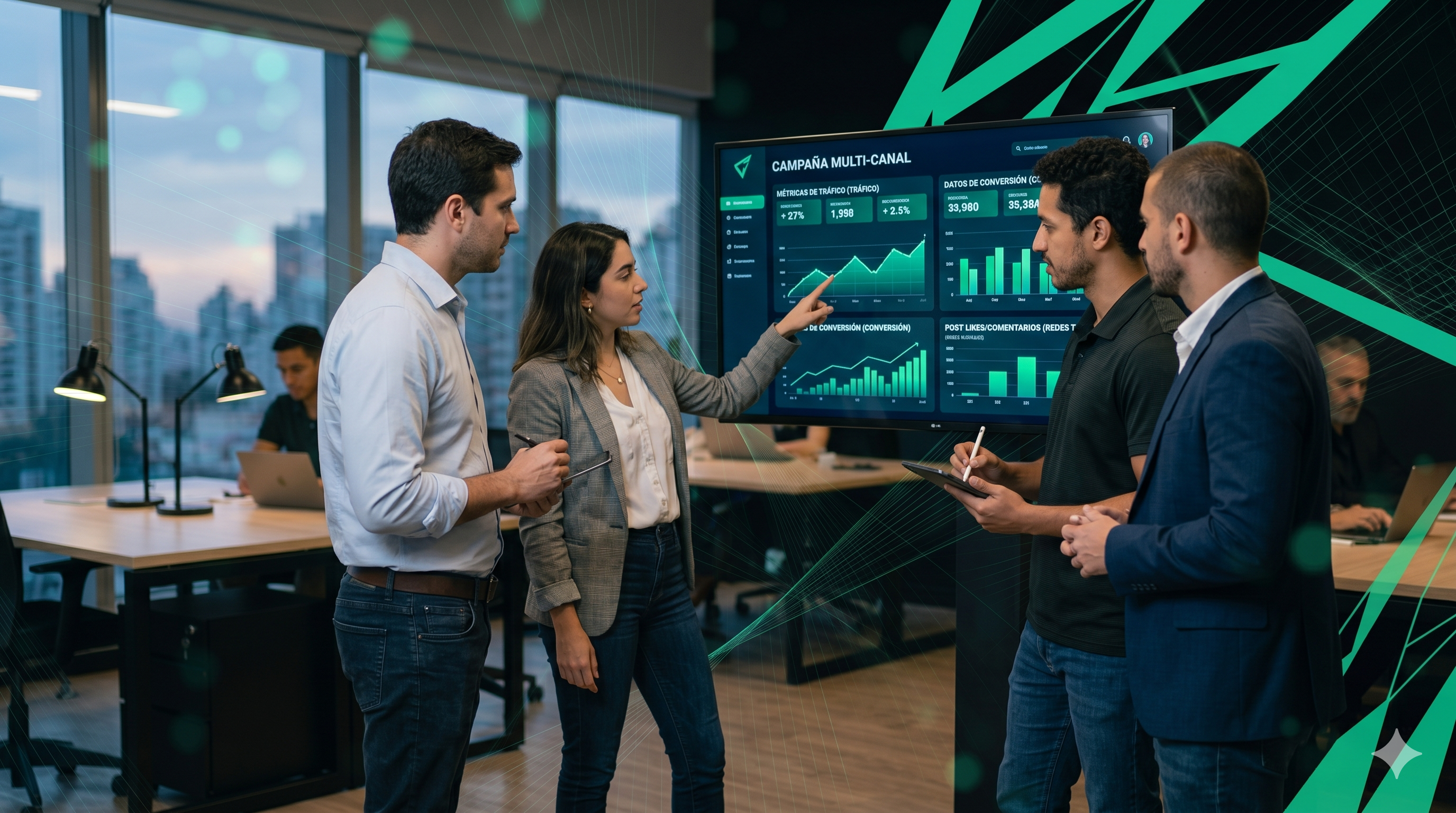 Equipo de marketing colaborando con dashboards de resultados